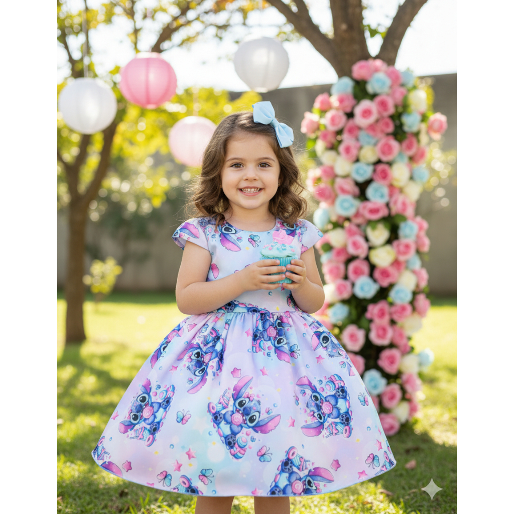 Vestido Infantil Menina Temático Lilo/Stitch/Angel/Lilas Festas infantis/Aniversários/Sessões fotos