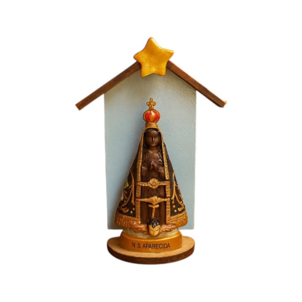 Imagem Nossa Senhora Aparecida Resina Oratório MDF 12cm  Mini Capelinha Artesanal Santa Padroeira