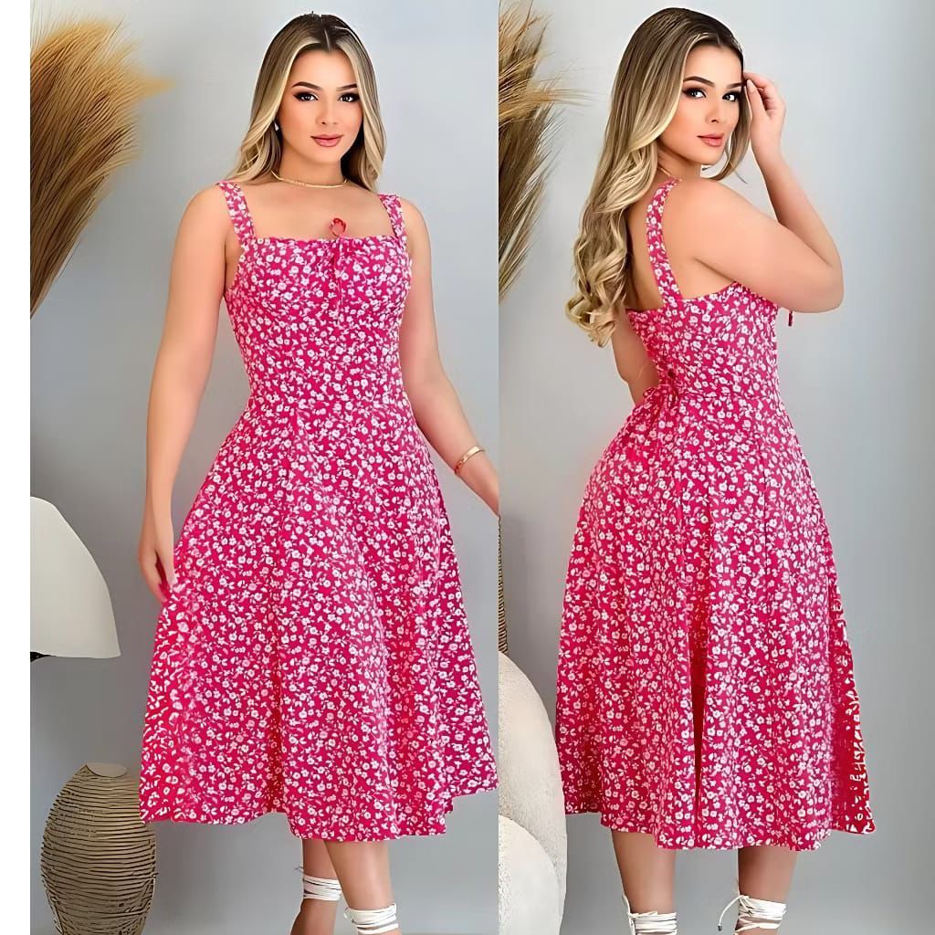 Vestido Feminino Mídi Romântico Estampa Floral | Fenda lateral Laço no Busto | Tendencia Moda