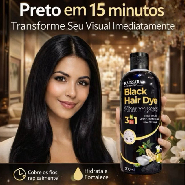 Shampoo Tonalizante KAISSARA 500ml HAIR DYE Cobre Cabelos Brancos em 3 minutos Escurecedor Preto