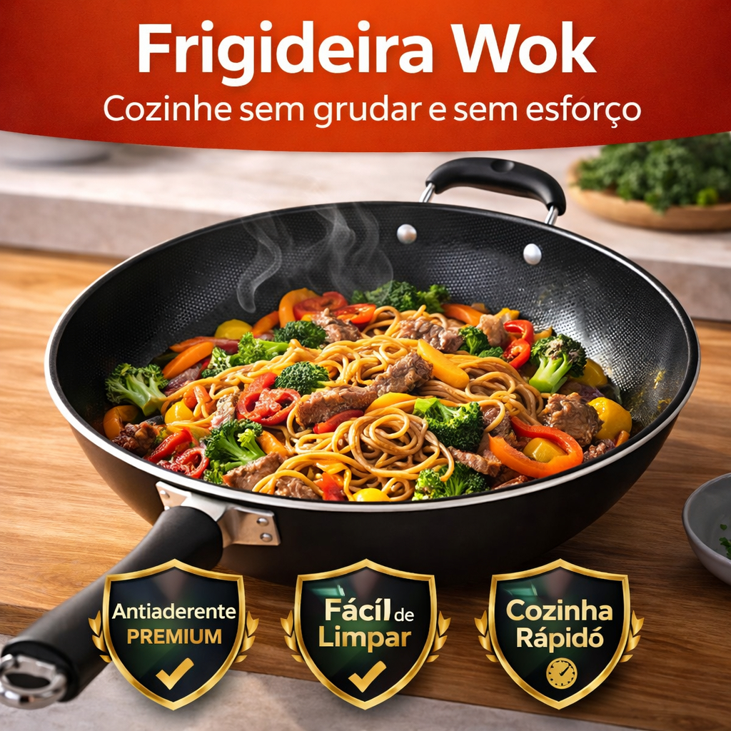 Imagem Frigideira Wok Antiaderente 34cm Grande Profissional Não Gruda Fácil Limpeza Funda Yakisoba Com Alça