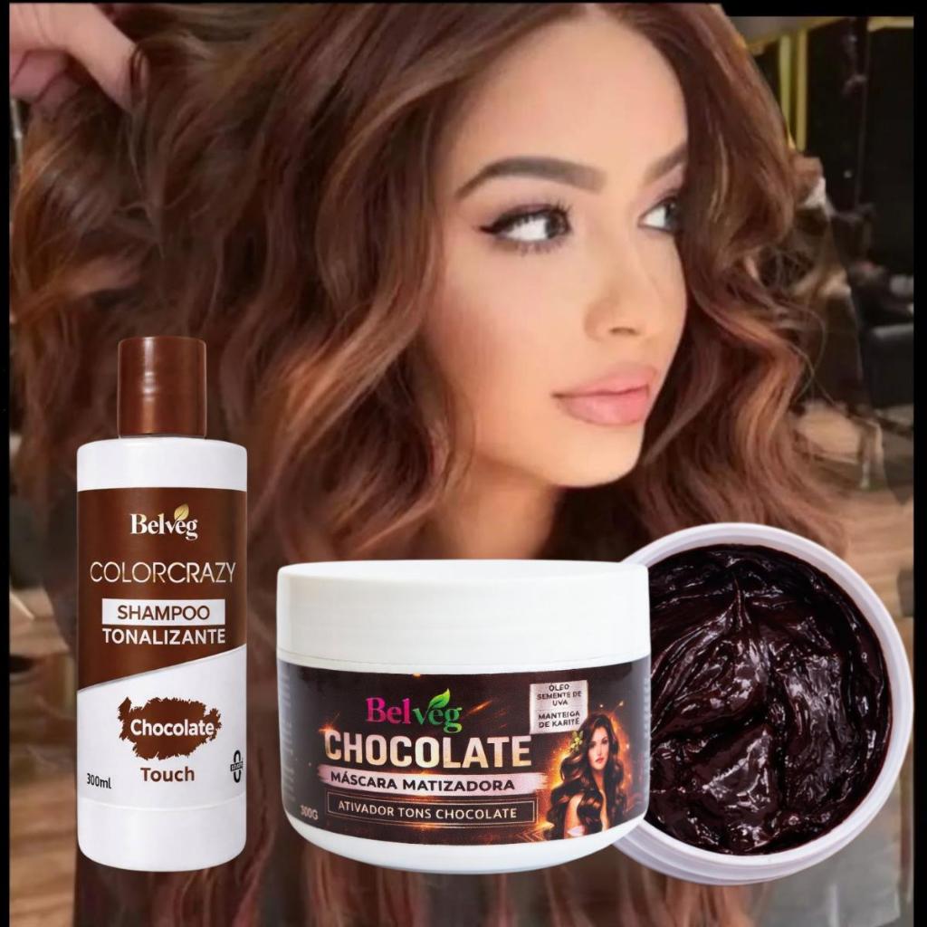 Kit Máscara e Shampoo Tonalizante Chocolate Belveg - S/ Amônia 2x300ml.