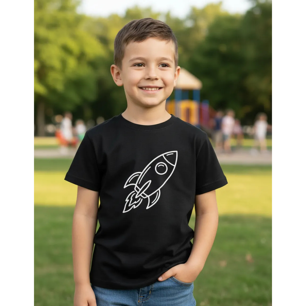 Camiseta de Algodão Infantil Unisex Foguete Espacial Estampada – Estilo Divertido Confortável