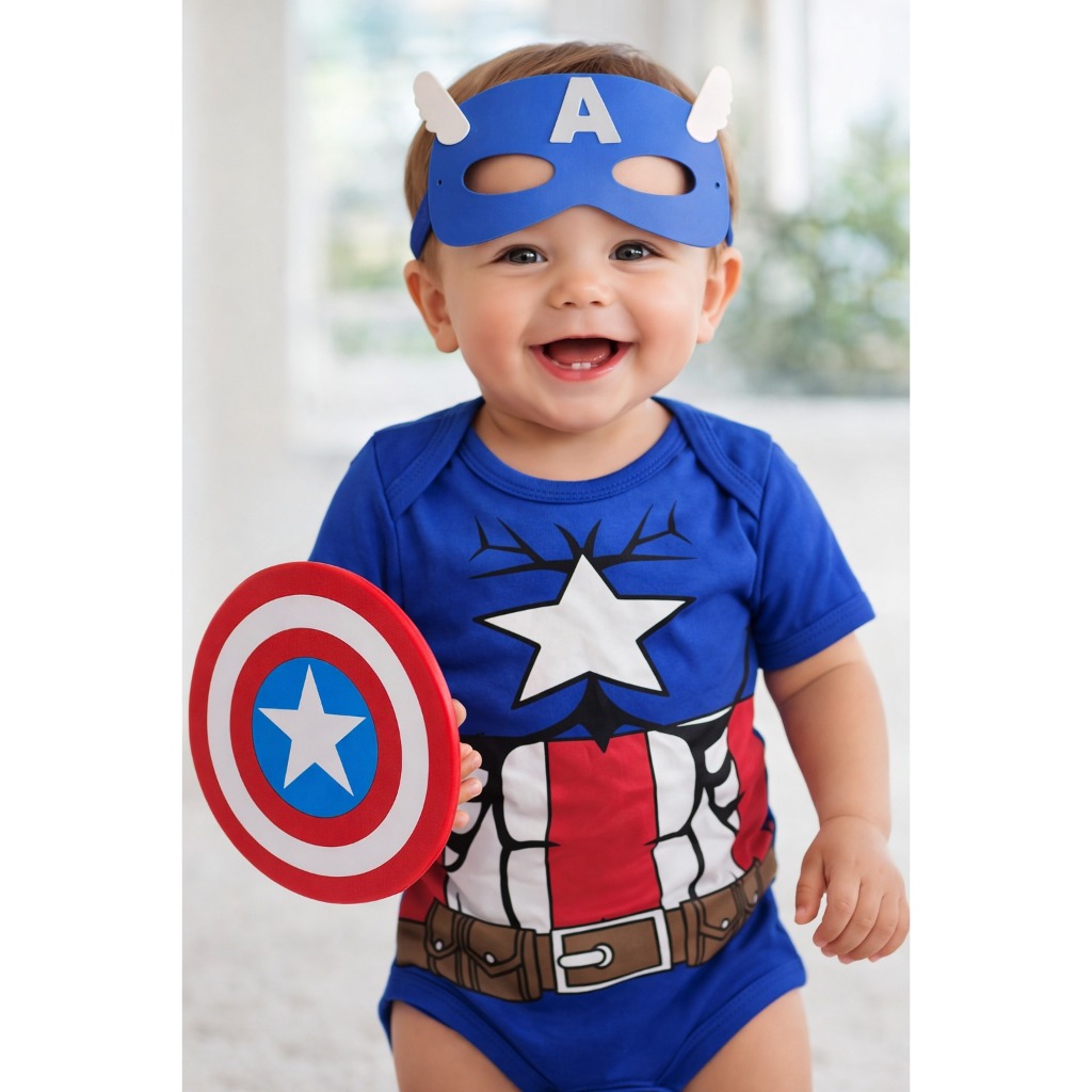 Body Bebê Capitão América com ESCUDO 3D PREMIUM -  Acessório Mesversario fantasia Infantil HERÓIS MARVELL Bebe Menino