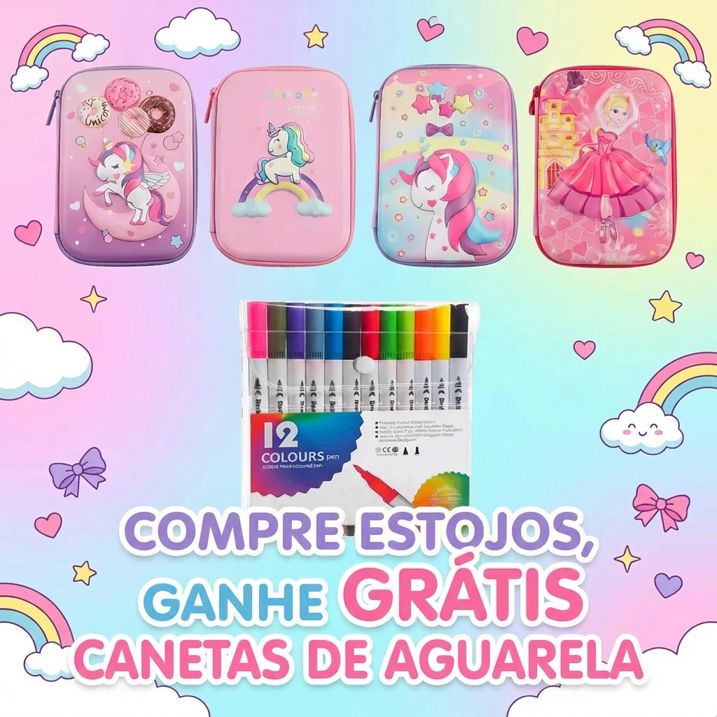 Kit Estojo Escolar 3D Infantil 3 Divisórias Com Canetinhas Organizador Sortido Menino Menina em Oferta na Shopee