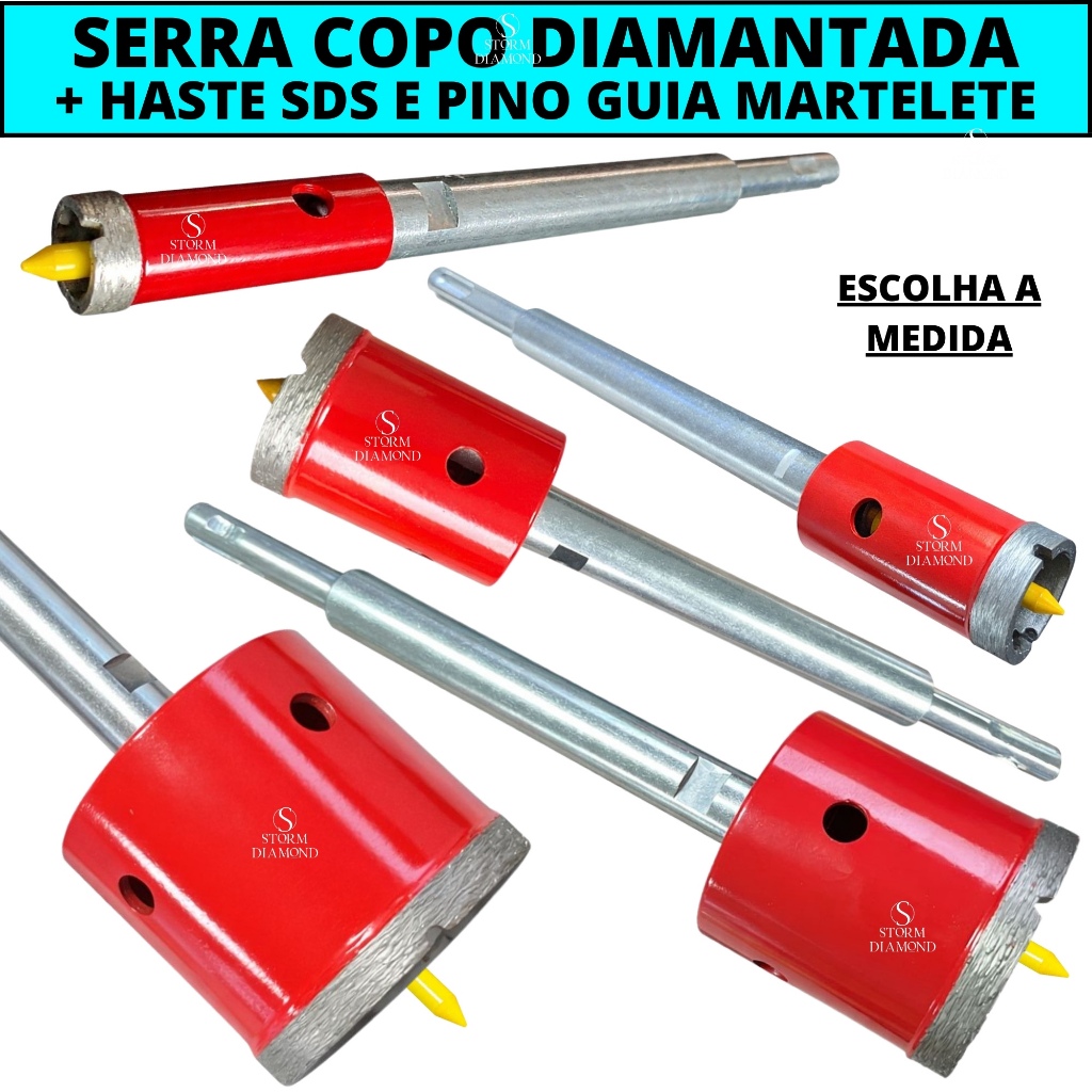 Serra Copo Broca Diamantada + Haste Sds Para Martelete 19mm 20mm 25mm 30mm 35mm 40mm 53mm 60mm 65mm