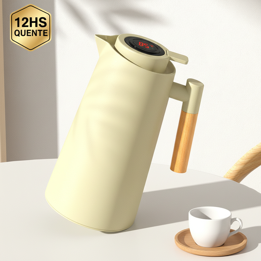 Belifou Garrafa Térmica 1 Litro Inteligente C/ Termômetro Led Para Café/Chá Design Nórdico Cabo Madeira