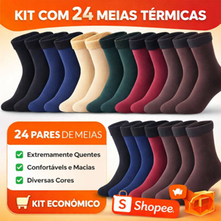 Kit 24 Pares  Meias Termica Femininas masculinas Forrada inverno Peluciada atacado em Oferta na Shopee