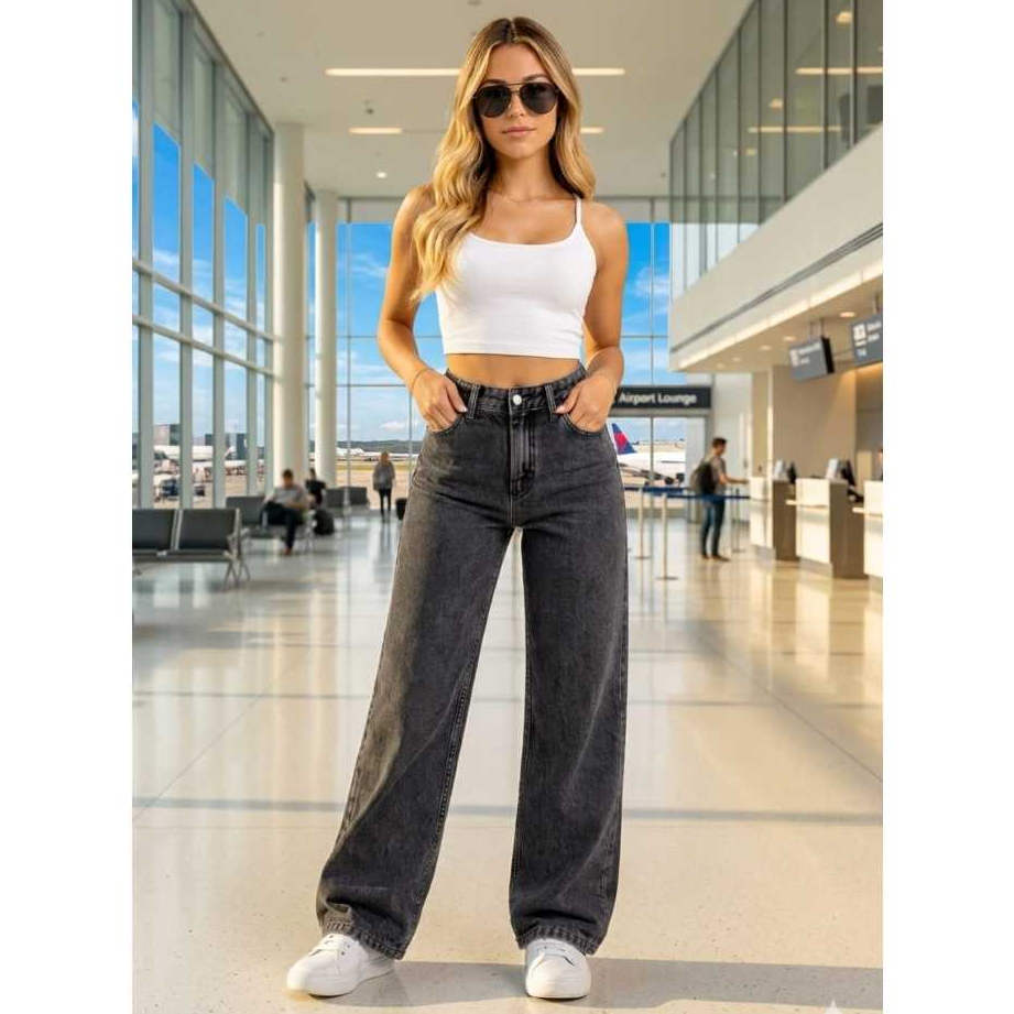 Calça Jeans Feminina Wide Leg Marmorizada Cintura Alta Sem Lycra 100% Algodao