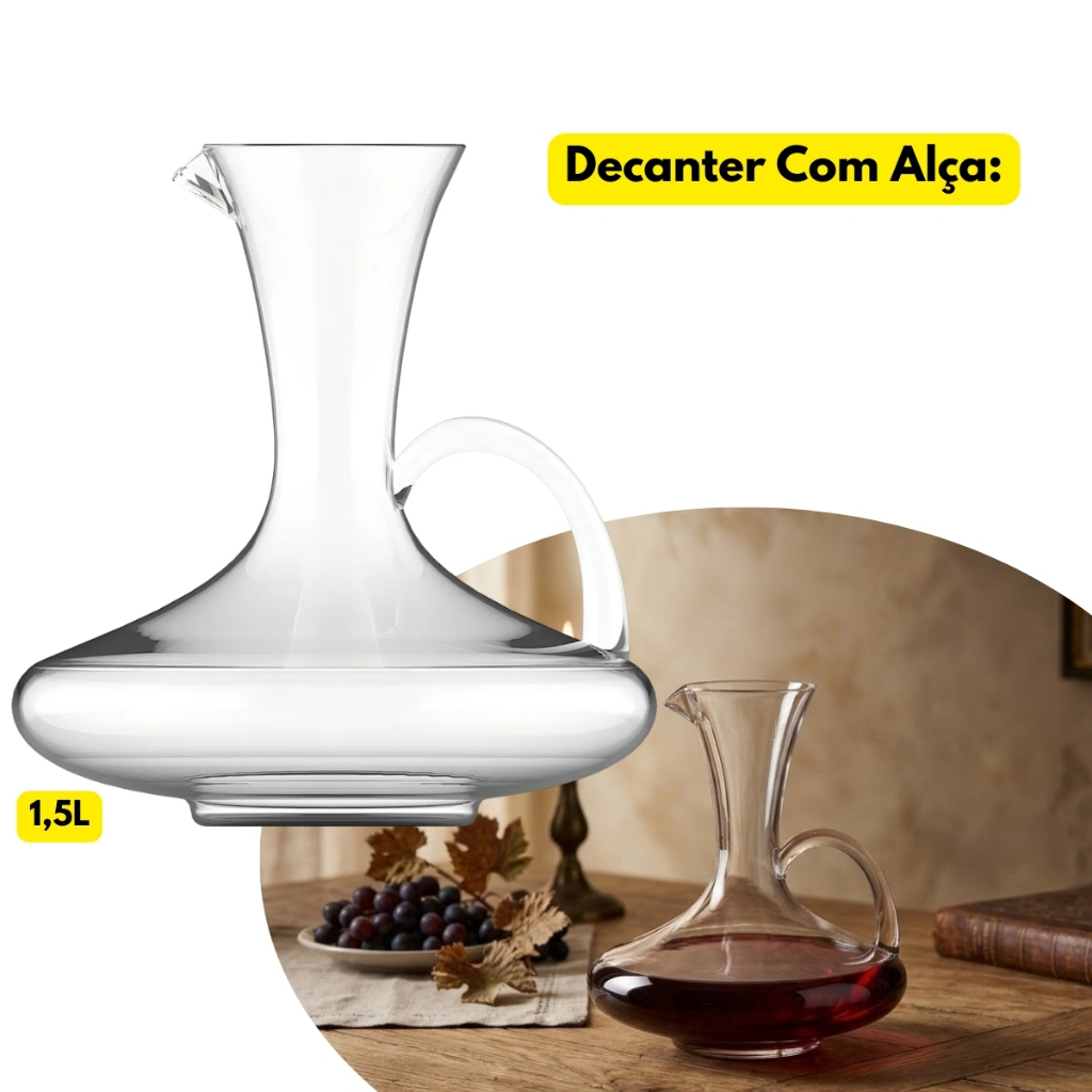 Decanter Vidro C/ Alça 1,5L Grande Vinho Aerador Oxigenador Luxo Água Funil Chique Elegante Cristal Hotel