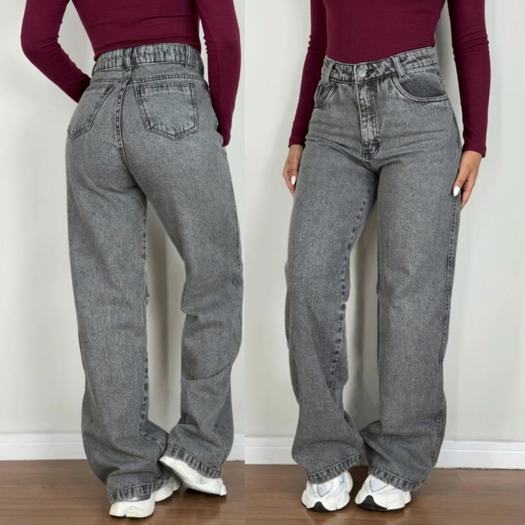 Calça Jeans Wide Leg Feminina Pantalona Cintura Alta em Oferta na Shopee