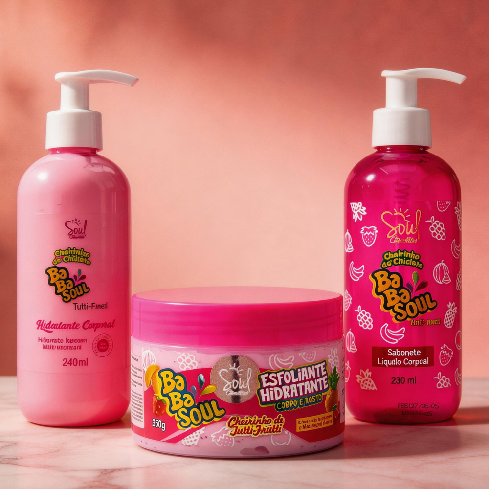 Kit Creme Hidratante Sabonete Líquido Esfoliante BabaSoul Corpo e Rosto Cheirinho Chiclete Feminino Loção Tutti-Frutti