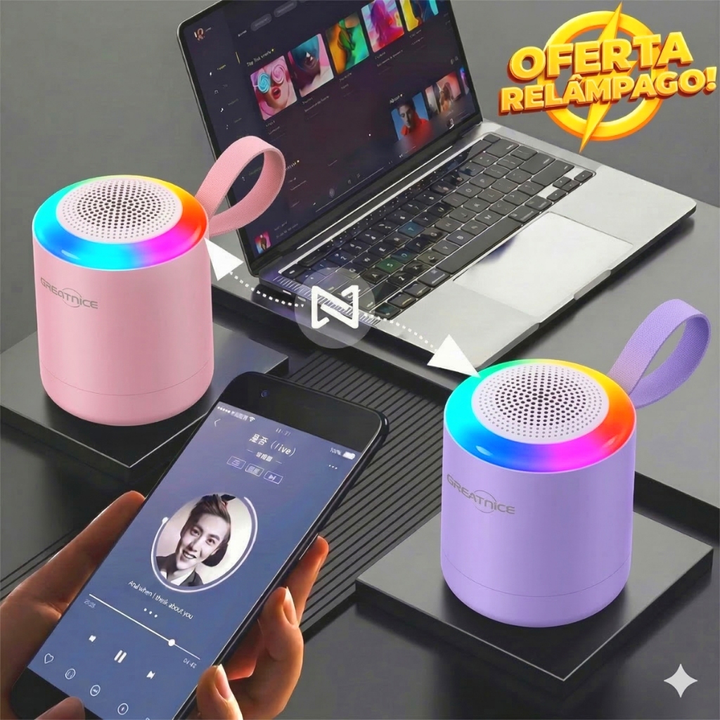 Mini Caixa De Som Bluetooth Portátil Com Led RGB Rádio FM Pen Drive Cartão SD Modelo GTS-1498 - Som Potente e Compacto