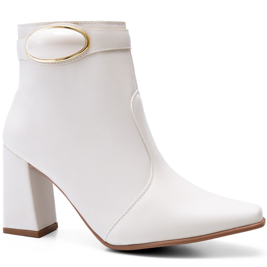 Bota Feminina Lumiss Salto Alto Grosso Cano Baixo Enfeite Metalizado Off White