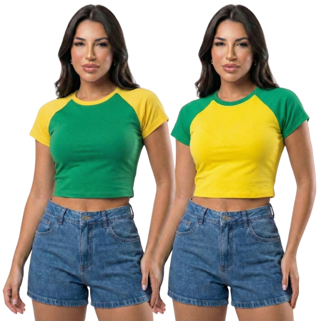Kit 2 Cropped Raglan Modinha Feminina Croped Verde e Amarelo