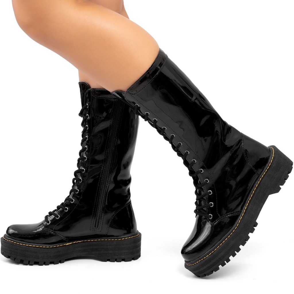 Coturno Feminino Lumiss Tratorado Cano Longo Plataforma Confortável Blogueira Verniz Preto