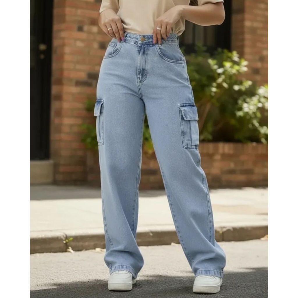 Calça jeans feminina cargo levanta bumbum cintura alta