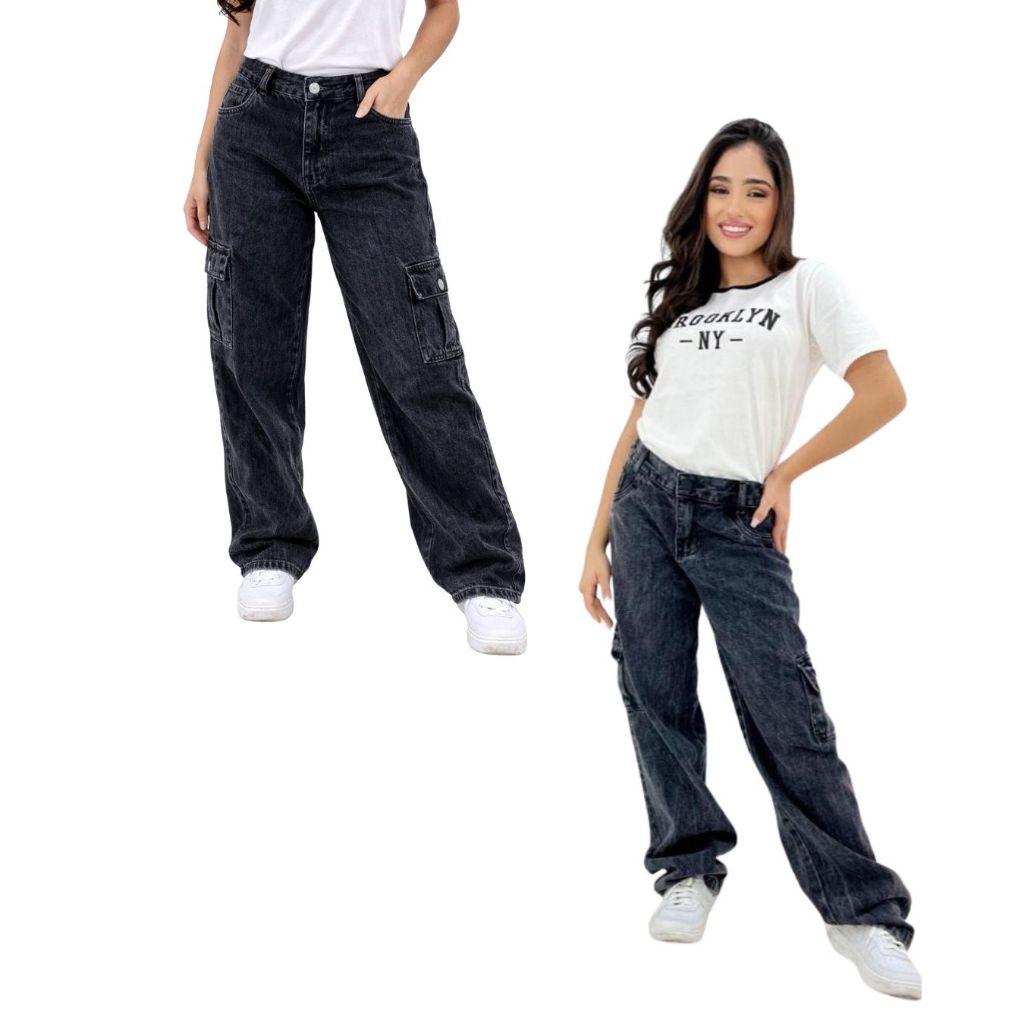 Detalhes do Calça Jeans Cargo grafite ajustável marmorizada Infantil Juvenil Feminina Grafite com Bolsos cargo Moda Blogueirinha