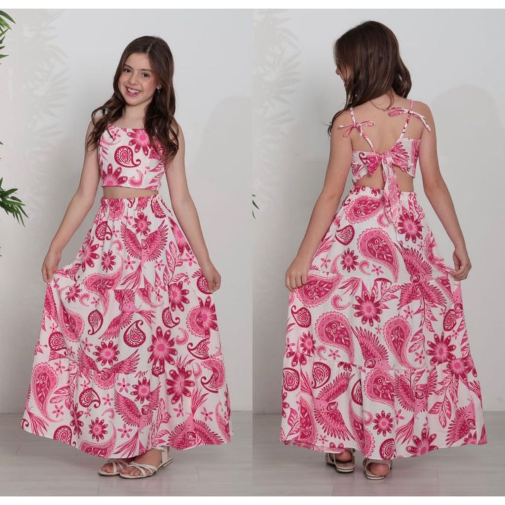 Conjunto Juvenil Feminino Cropped e Saia Midi Floral Delicado Moda Primavera