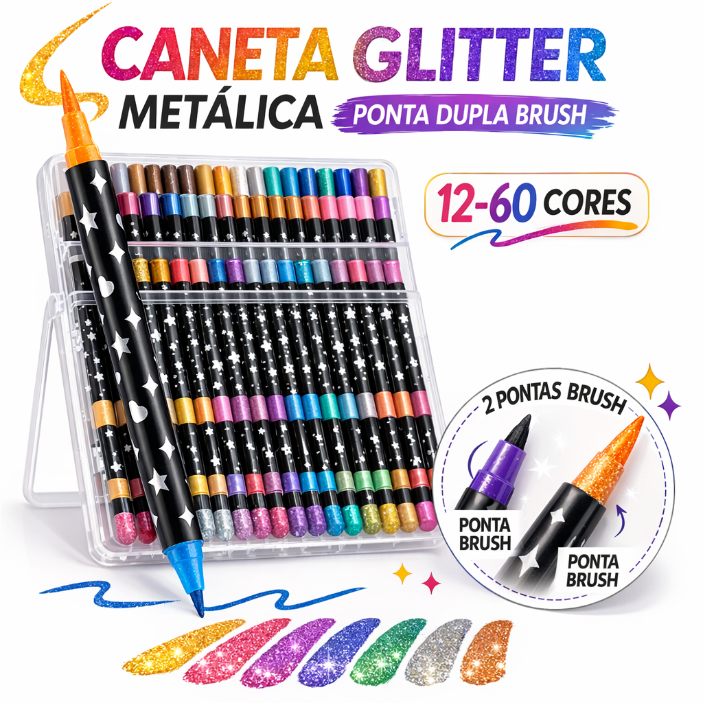 Caneta Glitter Metálica Ponta Dupla Brush Pen 12 60 Cores para Lettering e Desenho em Oferta na Shopee