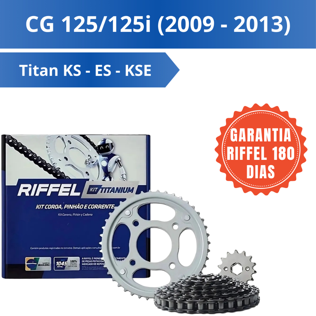 Kit Relação Transmissão CG 125/125i Titan 2009 a 2013 – Riffel Titanium Aço 1045