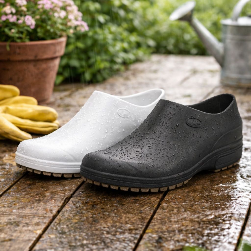 Sapato Borracha Eva Sticky Shoe Preto e Branco de Proteção para Clinicas Hospitais Cozinha Enfermagem Limpeza Hospitalar