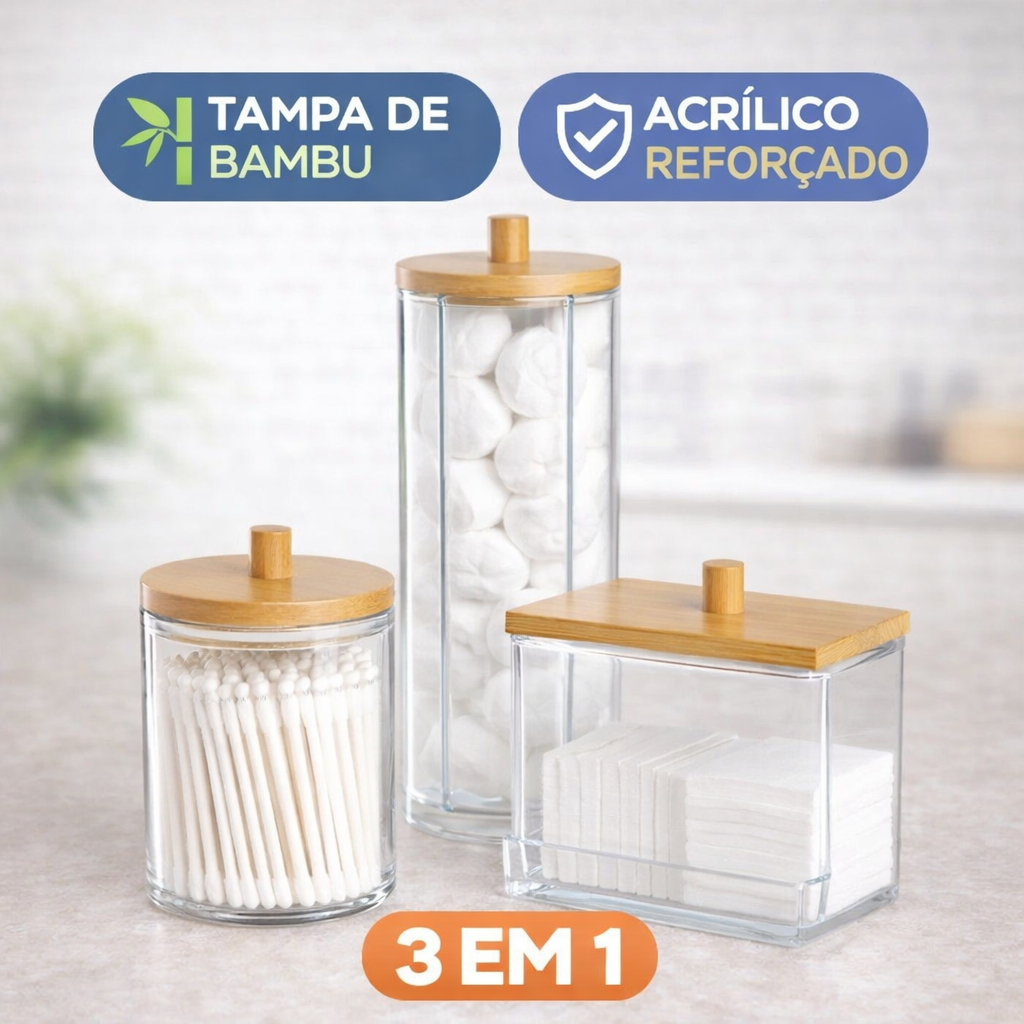 Organizador Acrílico Pote Com Tampa De Bambu Porta Algodao Cotonete Armazenamento de Joias