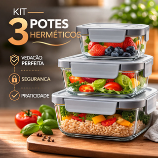 Jogo De 3 Potes De Vidro Hermético Tampa em Oferta na Shopee