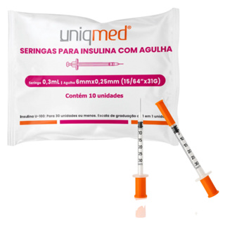 Seringa de Insulina 0,3ml Uniqmed Agulha 6mm x 0,25mm Estéril Descartável C/10 em Oferta na Shopee