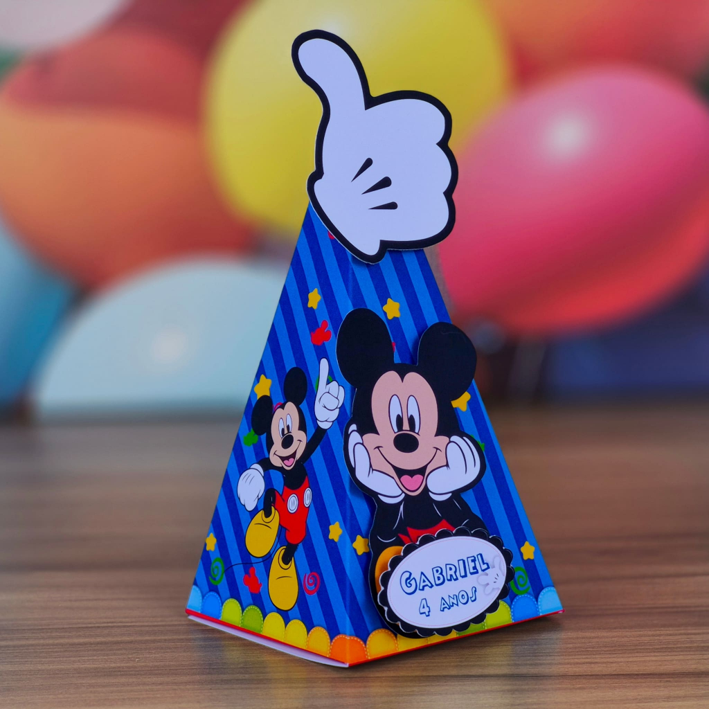 Caixa Pirâmide Cone Mickey Menino Personalizados Lembrancinha Decoração Aniversário Mesversário 3D