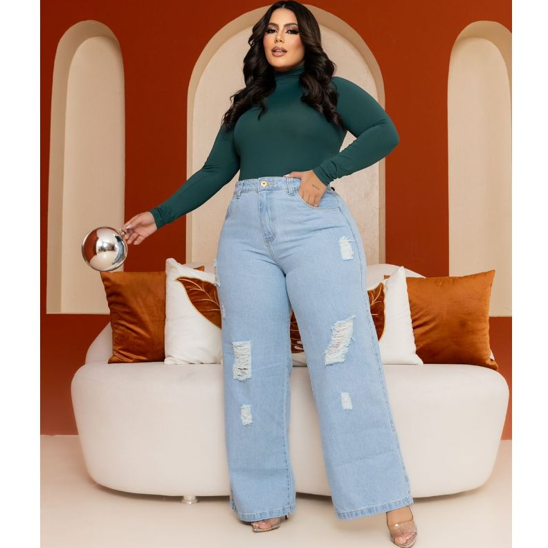 Calça Jeans Azul Claro Feminino Pantalona Wide Leg Destroyed Plus Size
