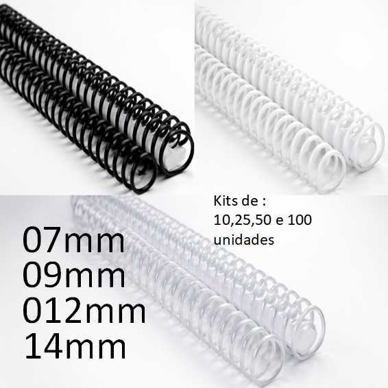 Espiral encadernação - Kits de : 10,25,50 ou 100 unidades - 07mm,09mm,12mm,14mm,17mm