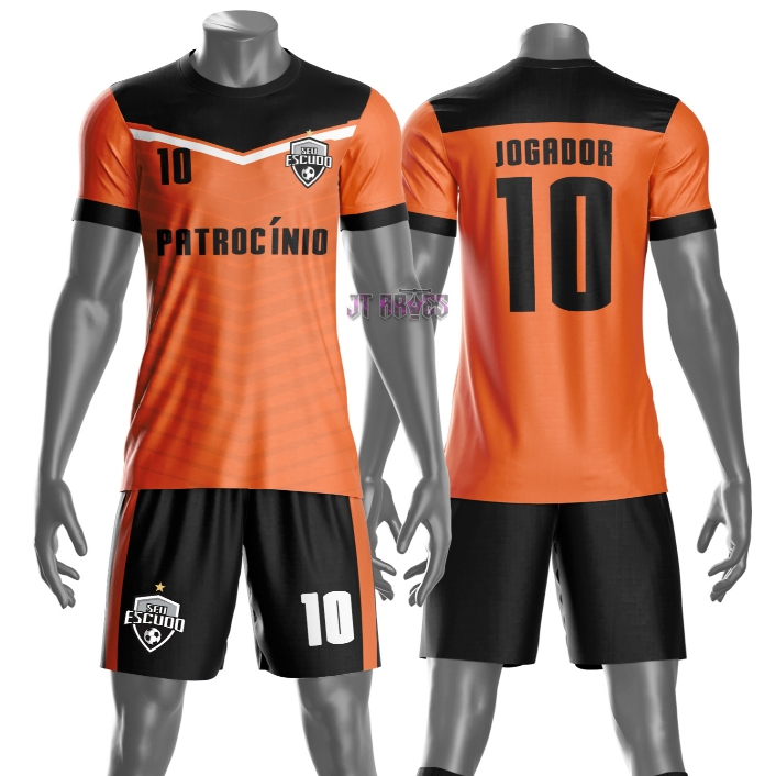 Uniforme jogador futebol amador esportivo camiseta e calção personalizavél nome número escudo mo 197