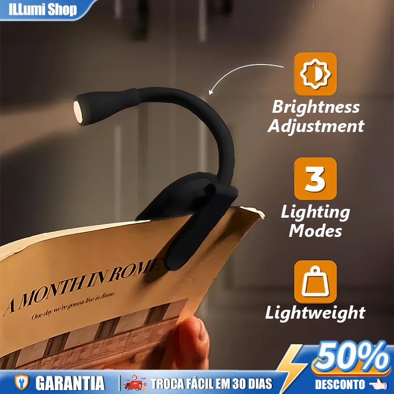 Mini Clip Leitura De Livro  Lâmpada Ajustável 360 °  Recarregável 3 Cores para Leitura em Quartos de Viagem