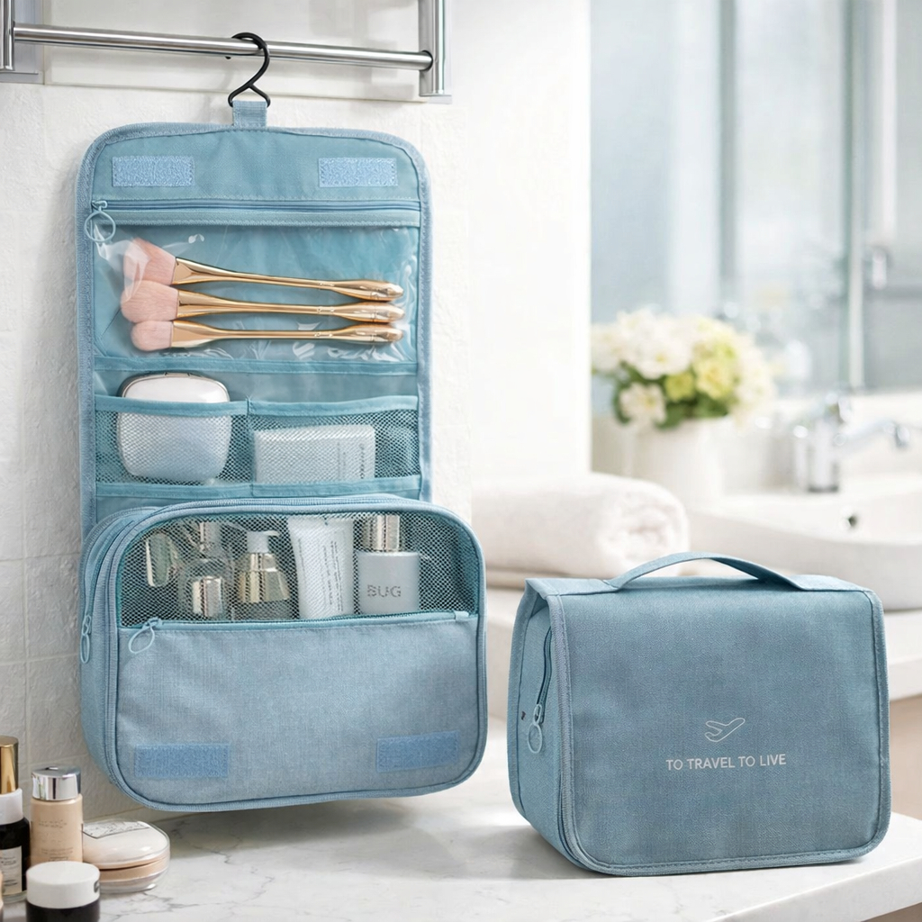 Necessaire Organizadora de Maquiagem Impermeável com Gancho e Compartimentos Bolsa de Cosméticos para Viagem
