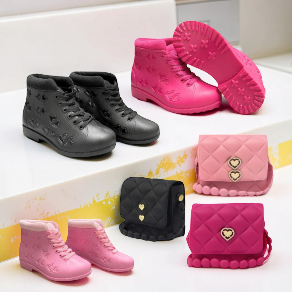 Conjunto Infantil Bota com Bolsinha Coração Feminino Confortável Impermeável Magiolo Store