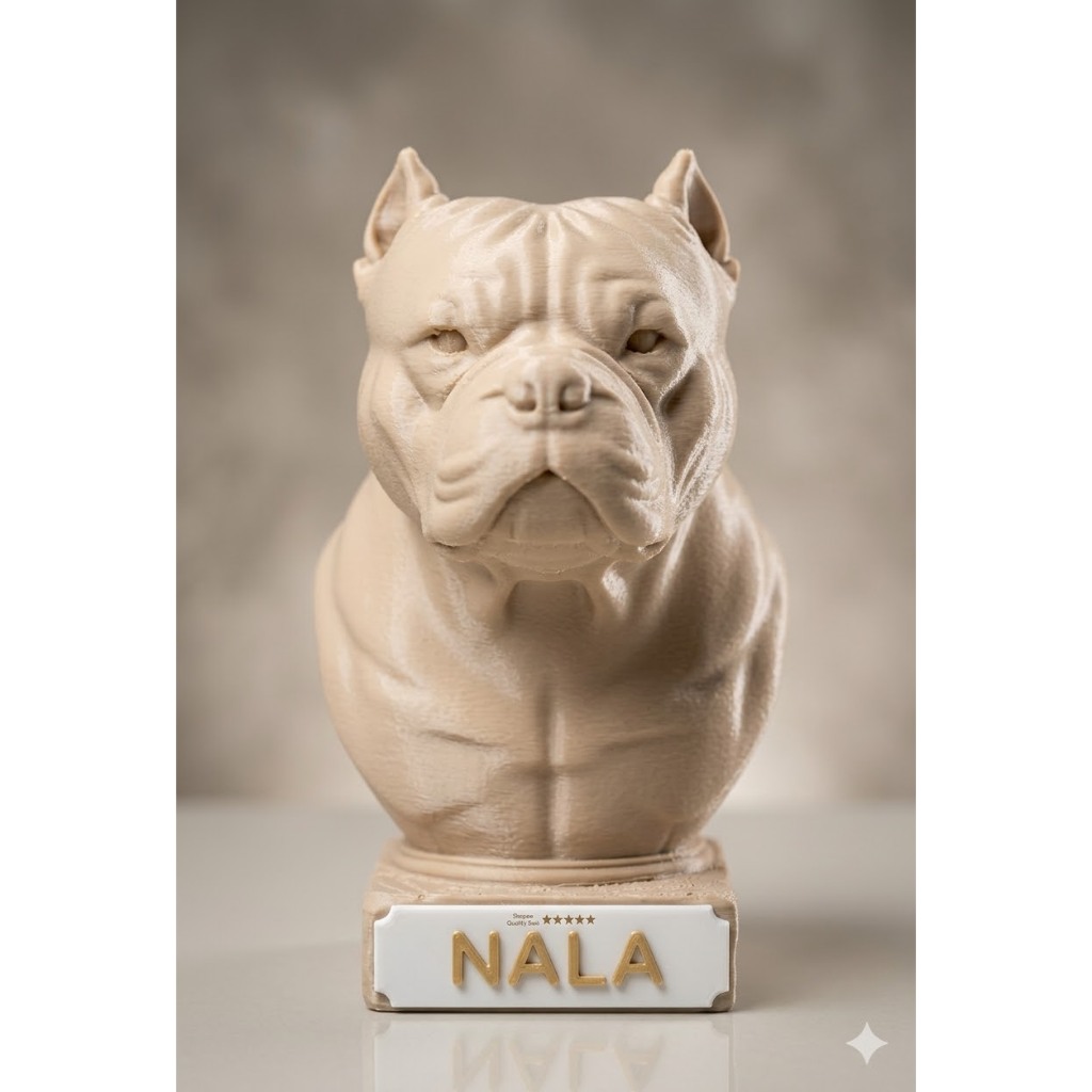 Decoração American Bully - Busto Estátua de American Bully – Impressão 3D Realista e Decorativa - NOME PERSONALIZÁVEL.