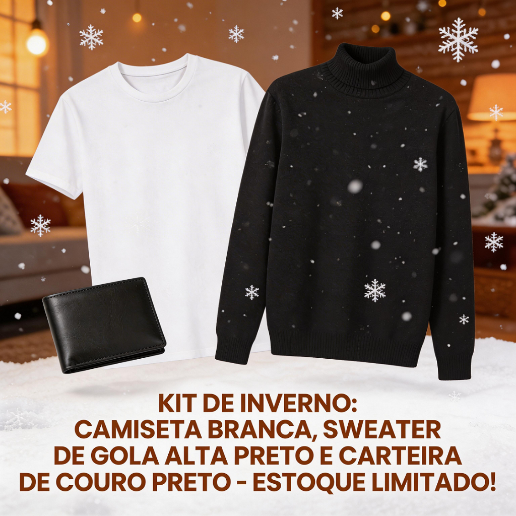 Kit Masculino Casual Camiseta Básica Branca + Blusa Tricot Gola Alta Preta+ Carteira Preta Compacta