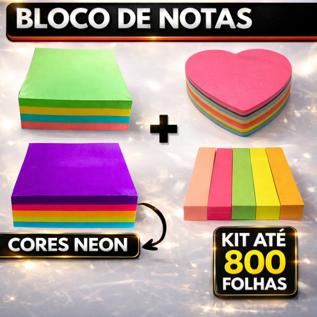 Kit Post it Até 800 Folhas Bloco de Notas Adesivo 50x50mm ou 76x76mm Colorido Pastel Neon Coração Sticks