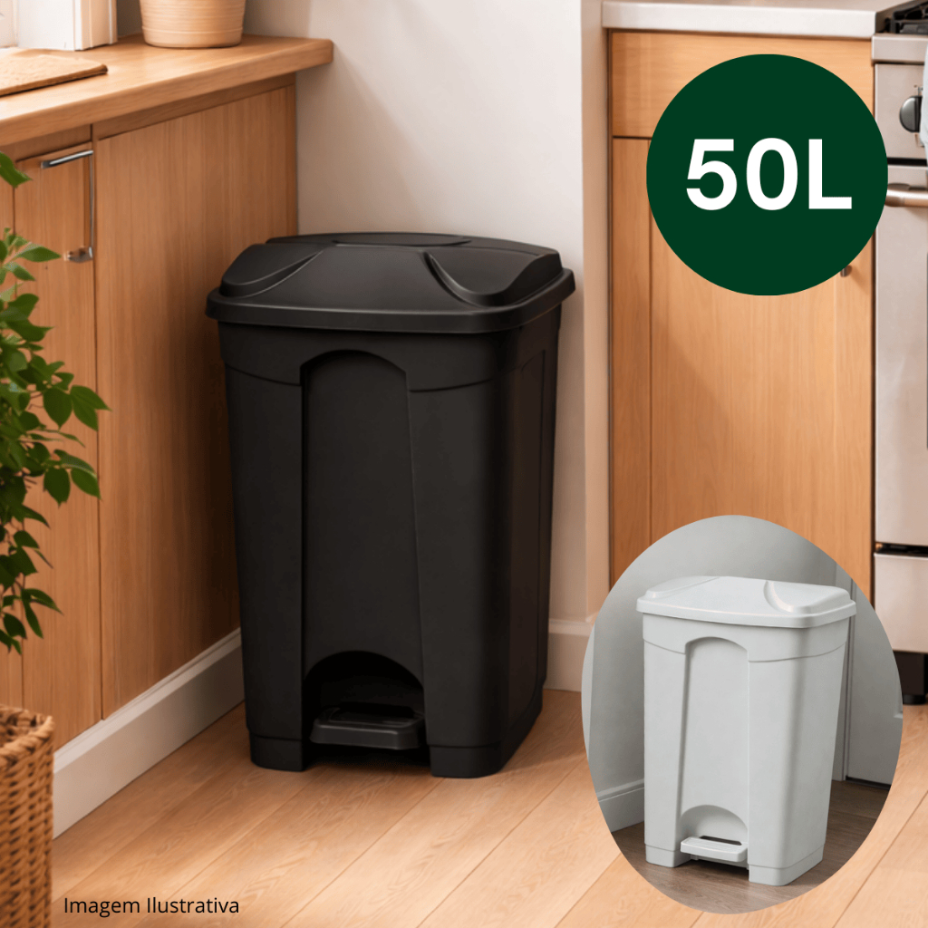 Lixeira com Pedal 50 Litros Plástica Reforçada Resistente Multiuso para Cozinha Banheiro Escritório