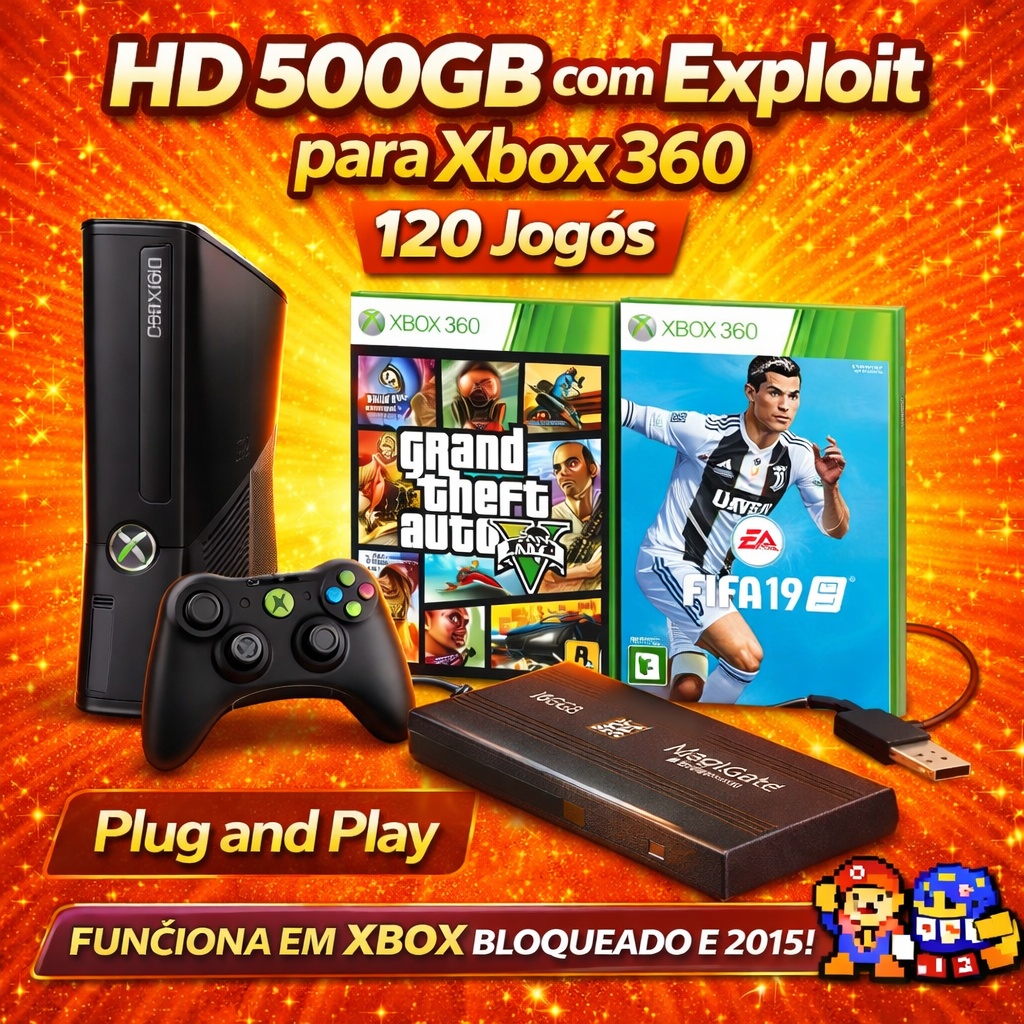 120 Jogos para Xbox 360 - HD Externo 500GB com Exploit - Funciona em qualquer Xbox 360