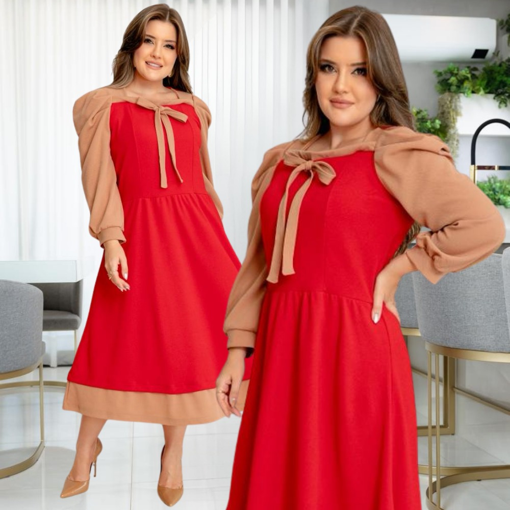 Vestido Midi Rodado Laço Saia Midi Listras Manga Estilosa Longa Moda Evangélica Plus Size Bicolor em Oferta na Shopee