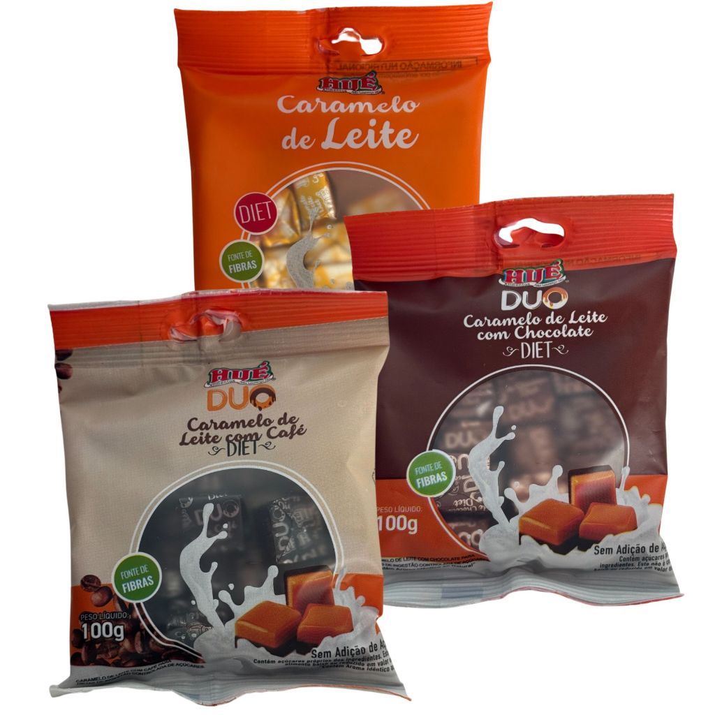 Kit Bala de Caramelo de Leite Diet Sem Glúten Hué com 3 unidades de 100g em Oferta na Shopee
