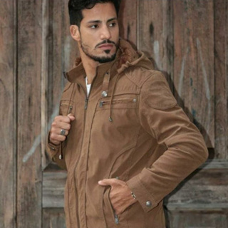 jaqueta masculina de sarja toda forrada por dentro de pelinhos com capuz removível em Oferta na Shopee