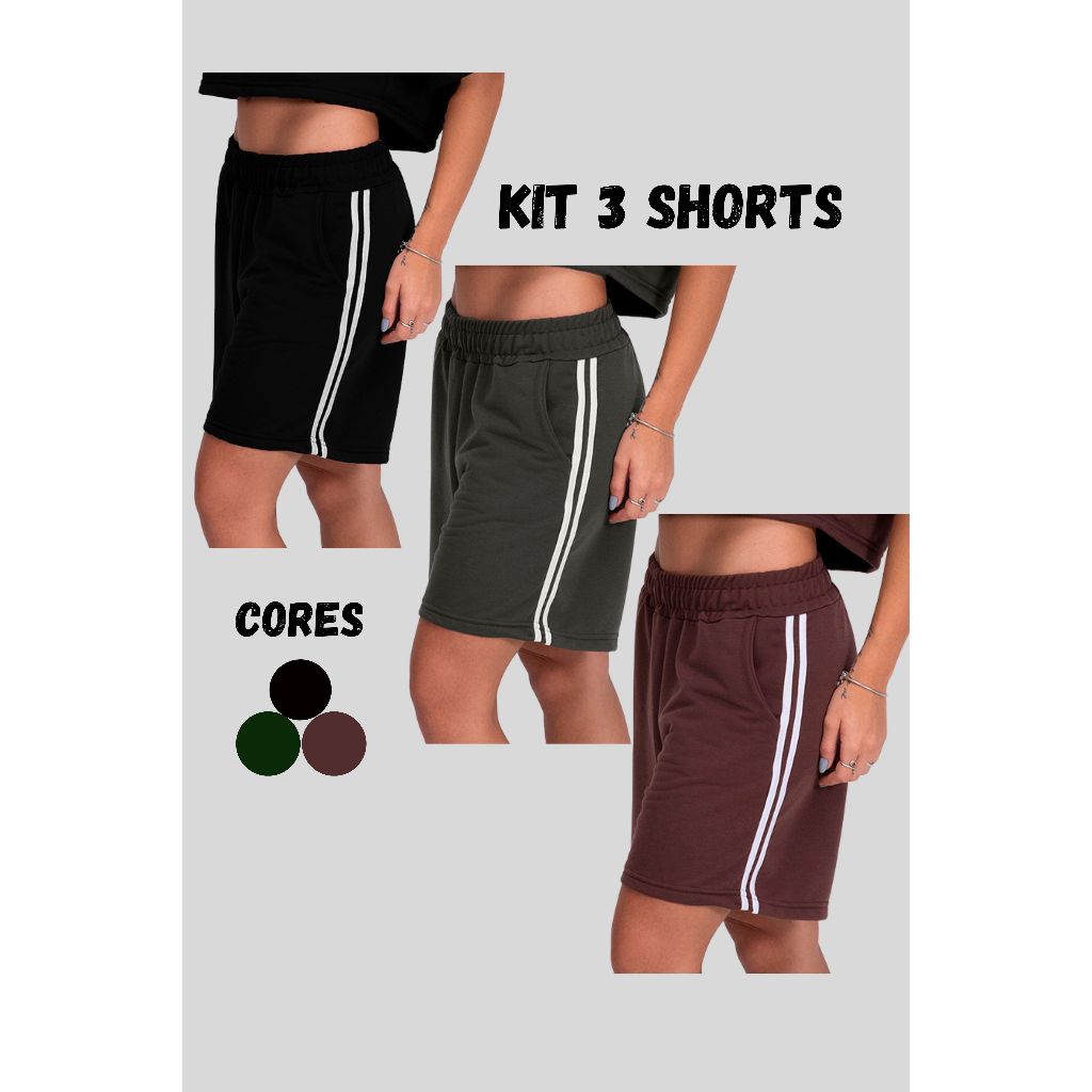 Kit 3 Shorts Feminino Moletom com Listras Academia Treino dia a dia em Alta Conforto em Oferta na Shopee