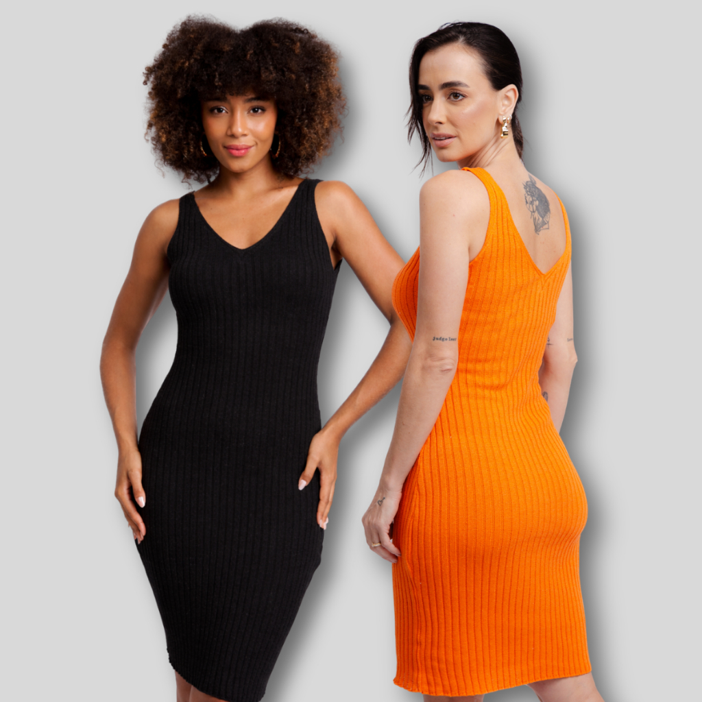 Kit 2 Vestido Tricot Canelado Moda decote v tubinho midi regata