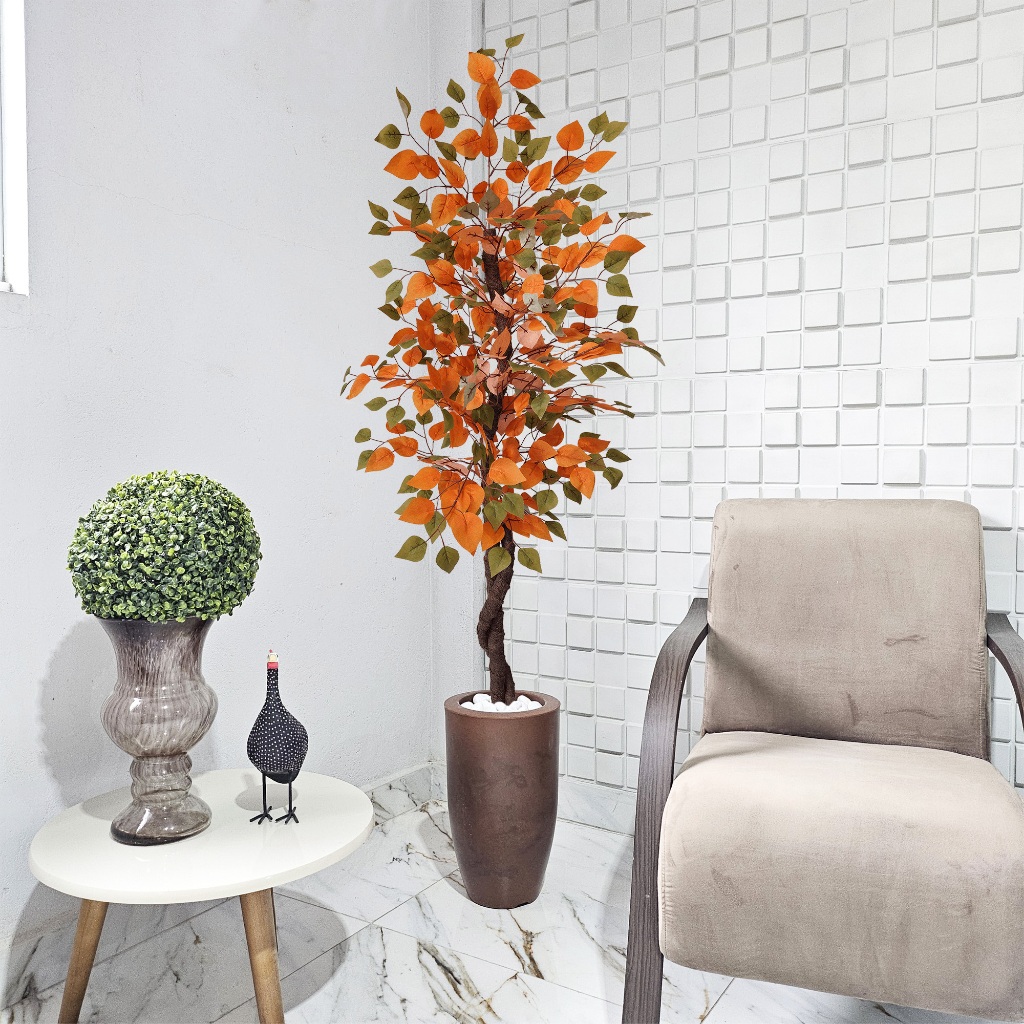 Planta Artificial Fícus 150cm Outono Vaso Marmorizado Planta Pedra Decoração Sala
