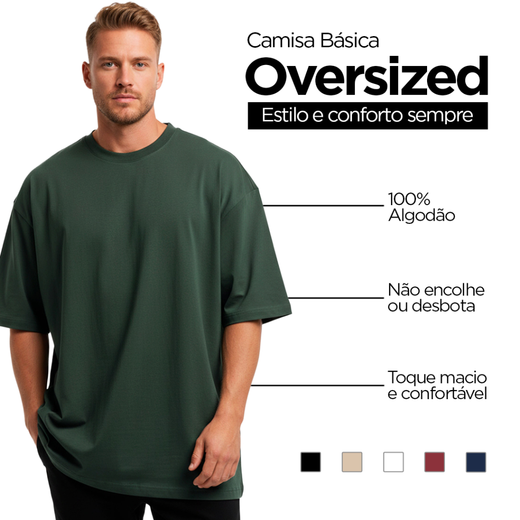 Camiseta Oversized Masculina 100% Algodão Casual Passeio Caminhada Treino Confortável Macia Slim