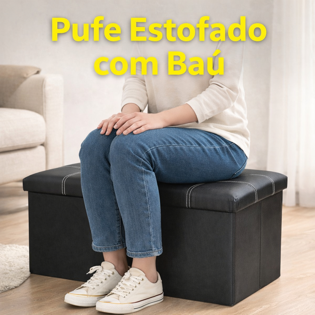 Pufe Puff Estofado Com Baú Armazenamento Prático 76 CM Decoração Moderna Preto