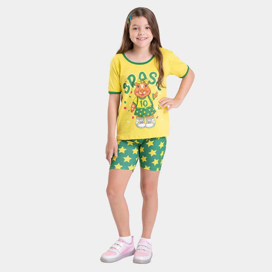 Conjunto Brasil Infantil Menina Amarelo Blusa e Shorts Ciclista Capivara na Copa Do Mundo